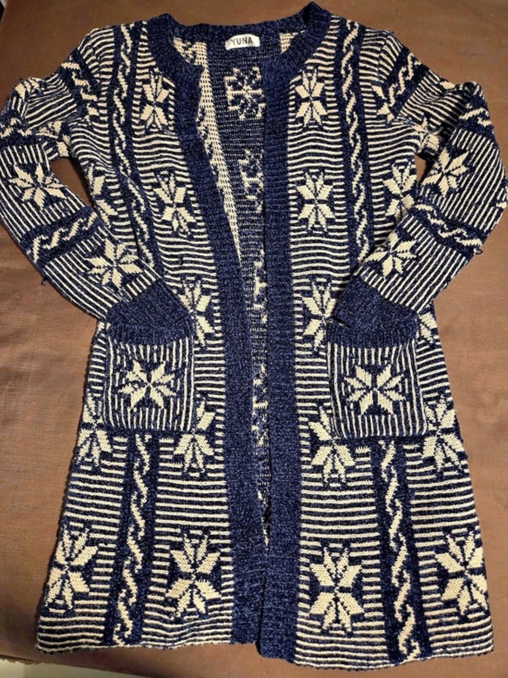 YUNA Geometric Cardigan in Blue & Cream Like New